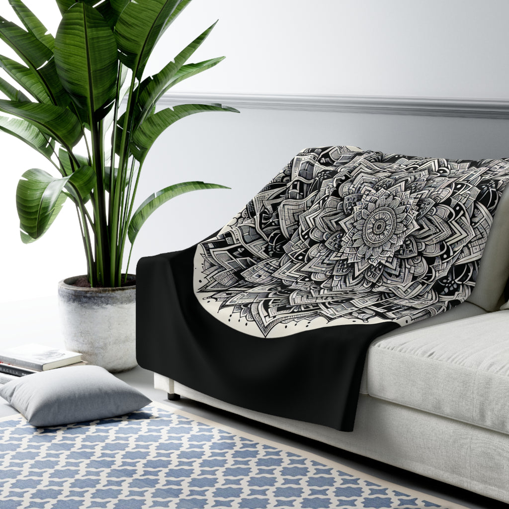 Mandala Black and White Sherpa Fleece Blanket