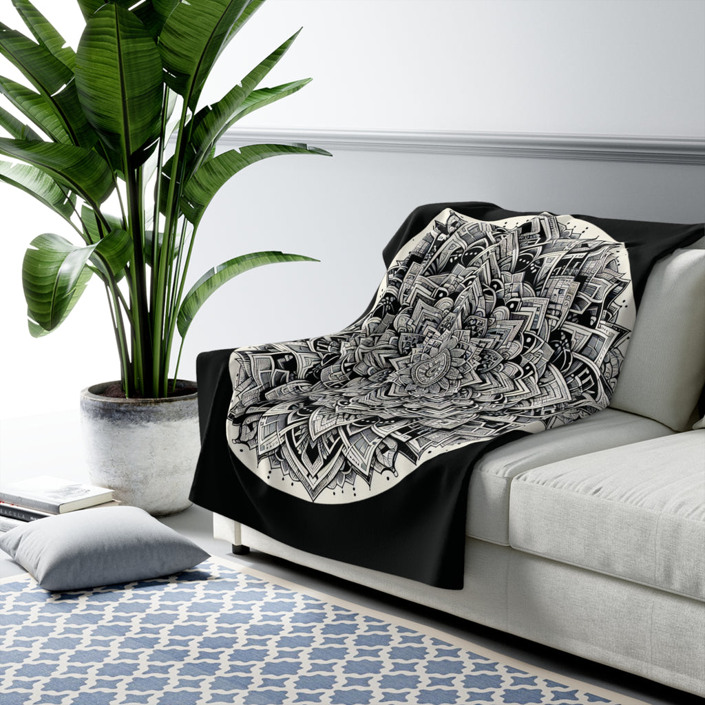 Mandala Black and White Sherpa Fleece Blanket